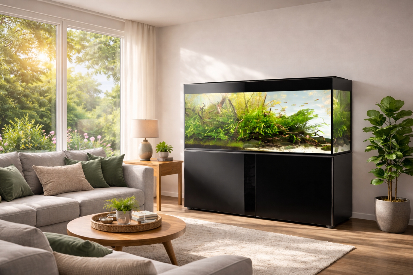 Akvaario kesäisessä olohuoneessa