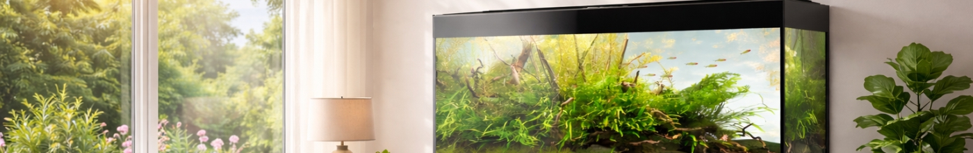 Akvaario kesäisessä olohuoneessa